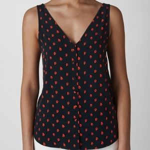 WHISTLES navy sleeveless top with orange Scattered Leaf graphics  sz.2